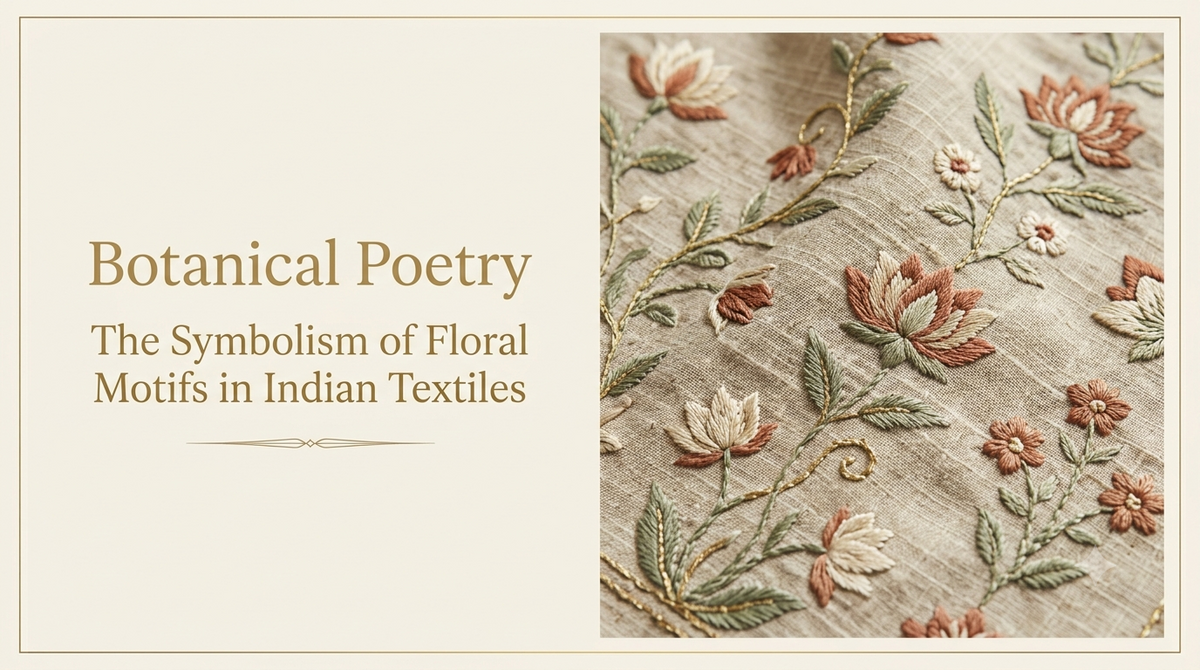 Close-up of detailed hand-embroidered floral motifs on beige handloom linen fabric, featured alongside the article title 'Botanical Poetry: Symbolism of Floral Motifs' by SaajPeti.