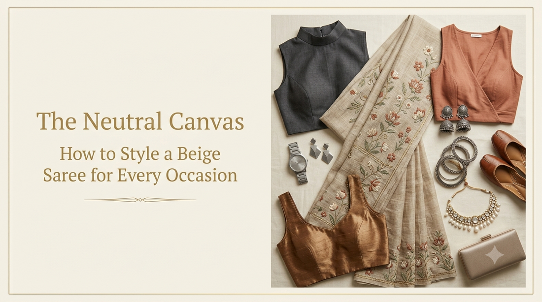 Editorial flat-lay of a beige hand-embroidered linen saree styled with minimalist silver jewelry and a leather bag, featured alongside the article title 'The Neutral Canvas: How to Style a Beige Saree' by SaajPeti.